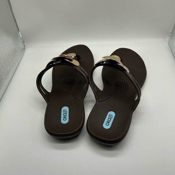 Oka-B Hammered Metal Disc Brown Thong Sandals - Picture 4 of 11